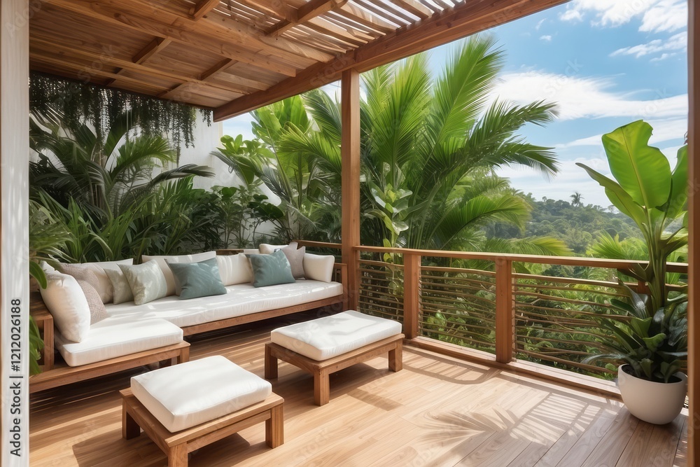 Fototapeta premium Tropical Balcony Design With Wooden Pergola