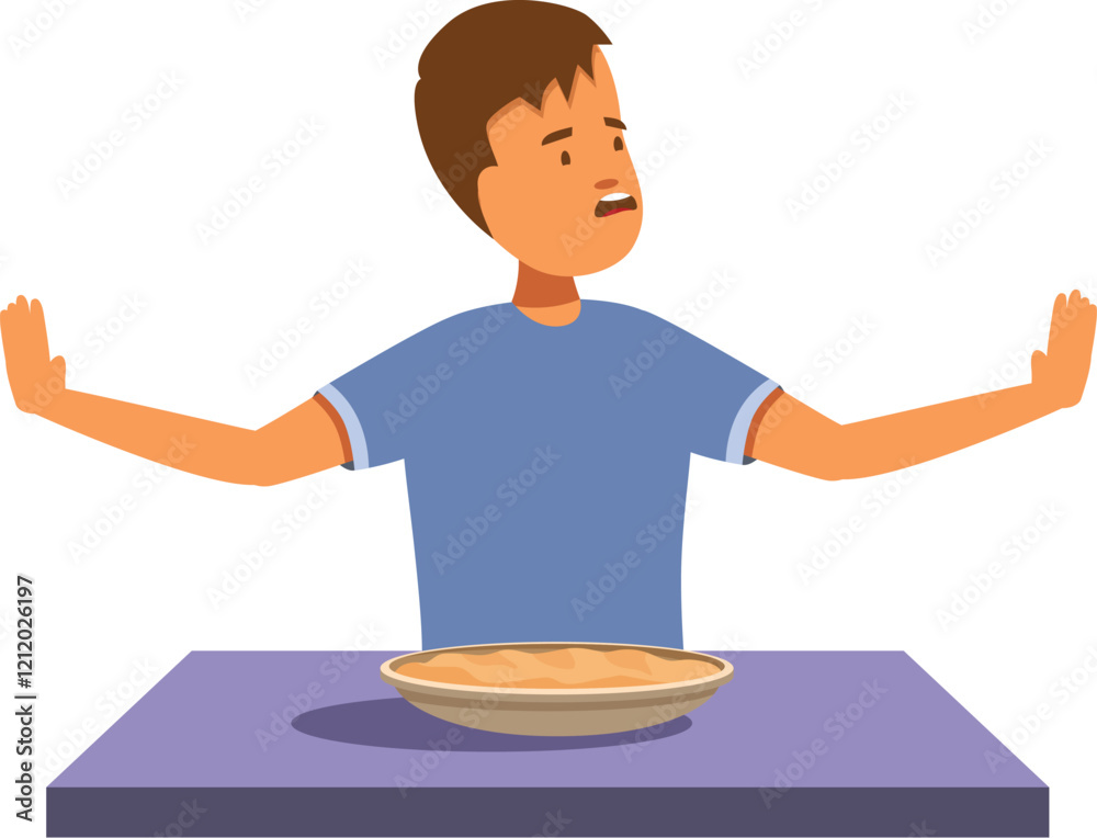 Child refusing food raising hands in front of a pie on the table, bad manners and eating behavior concept Child refusing food raising hands in front of a pie on the table, bad manners and eating behavior concept