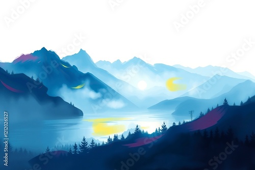 Serene Blue Mountain Lake: A Peaceful Watercolor Landscape photo