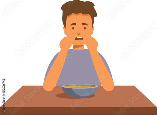 Sad child sitting at table looking at unpleasant soup, picky eater refusing to eat dinner, bad restaurant service, unhealthy food concept