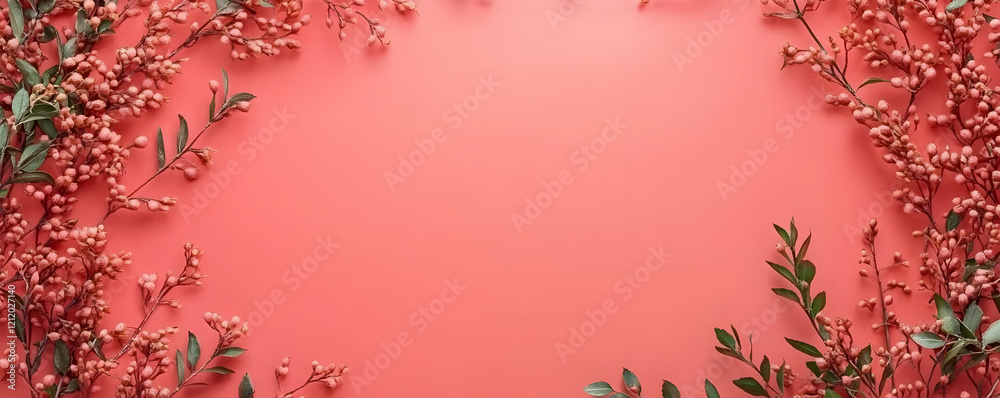 Coral background, floral frame, blank space, greeting card Coral background, floral frame, blank space, greeting card
