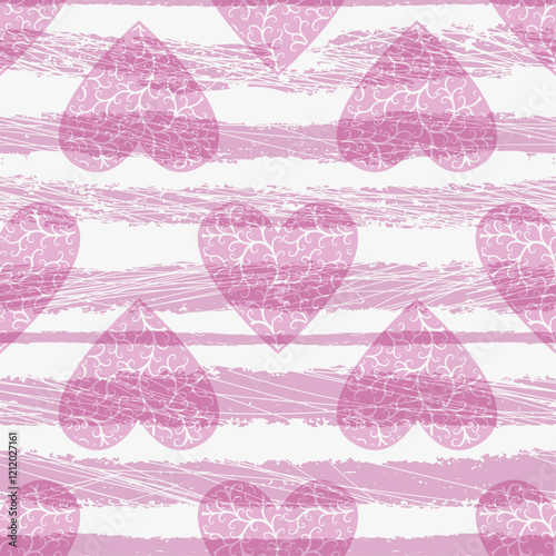 Seamless valentine pastel grunge pink striped grunge pattern with hearts  on white background
