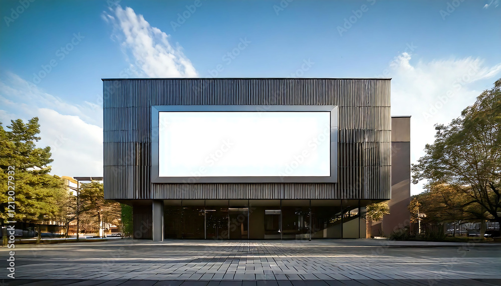 Obraz premium Modern building with a large blank billboard. Perfect for advertising, real estate, or architectural presentations. Clean design, bright sunlight, and a spacious plaza create a striking image.