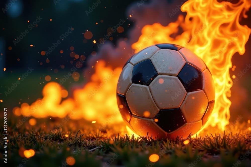 Fototapeta premium Fiery football engulfed in flames, burning fiercely , burning ball, charred