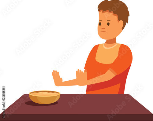 Kid making stop gesture with his hands refusing to eat healthy food like porridge sitting at the table