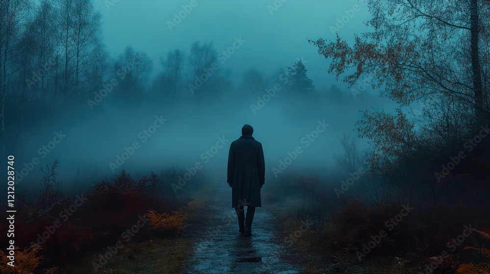Obraz premium Solitary Figure in a Misty Forest Path