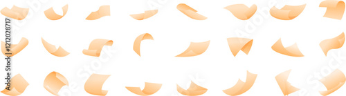 Flying curled paper icons set. Twenty four orange paper sheets flying and waving in the wind