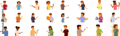Kids electricity icons set. Children interacting with electrical appliances and outlets, learning about electricity and electrical safety