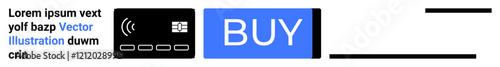 Credit card icon, bold blue BUY button, black and white dummy text. Ideal for e-commerce, online shopping, payment processing, digital transactions, call-to-action buttons, website design, user