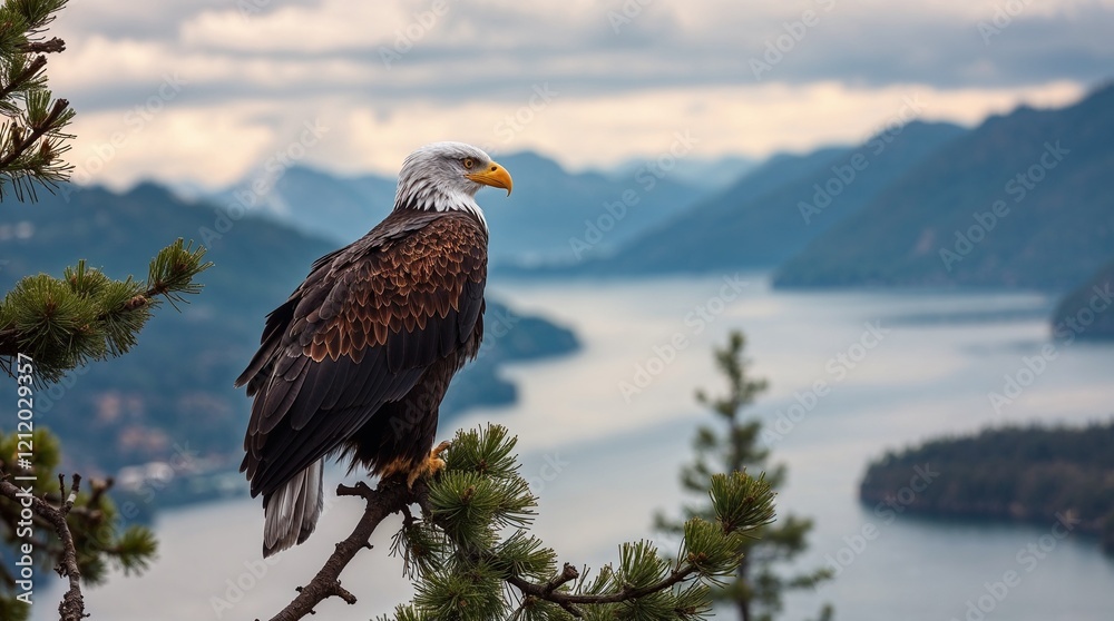 Fototapeta premium Eagle standing proudly on a branch, observing the landscape against a backdrop of mountains and lake