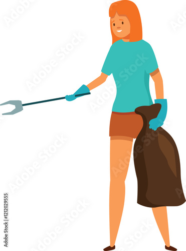 Young woman volunteer holding trash bag and using grabber tool, collecting garbage and cleaning environment