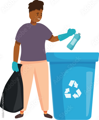 Young man putting plastic bottle in recycling bin, promoting environmental awareness and responsible waste management