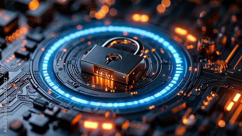 Cybersecurity Shield: A close-up shot reveals a metallic padlock secured within a glowing blue circular emblem on a complex circuit board, symbolizing digital protection and data security. 