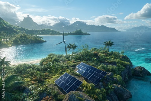 A modern illustration depicting a renewable energy installation with solar panels and a wind turbine. Showcases sustainable energy solutions, emphasizing clean and eco-friendly power generation.
