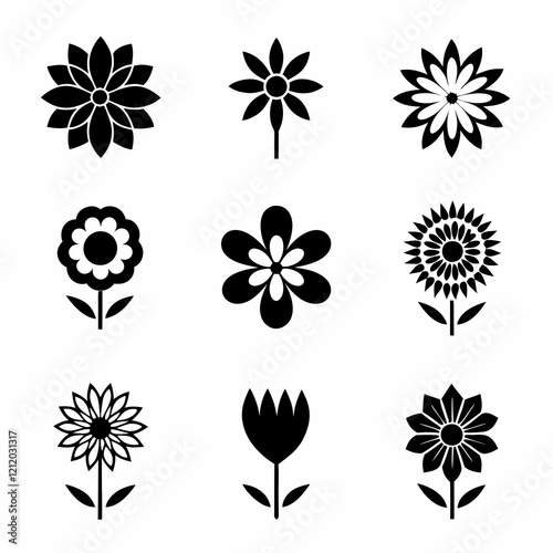 set of black and white flowers, Black and white floral icons, minimalist flower silhouettes, botanical illustrations, graphic design elements, stylized plant shapes, vector flower symbols, lotus, sunf photo