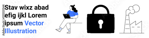 Woman sits with laptop, large padlock, and factory with smokestack. Ideal for technology, cybersecurity, data privacy, industry, environmental impact, online security, education. Landing page