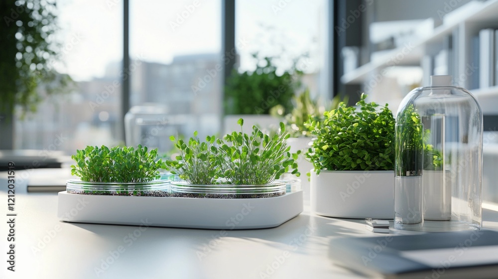 modern laboratory table with clean white surfaces, vibrant green plants in glass containers, bright natural light, minimalist aesthetic