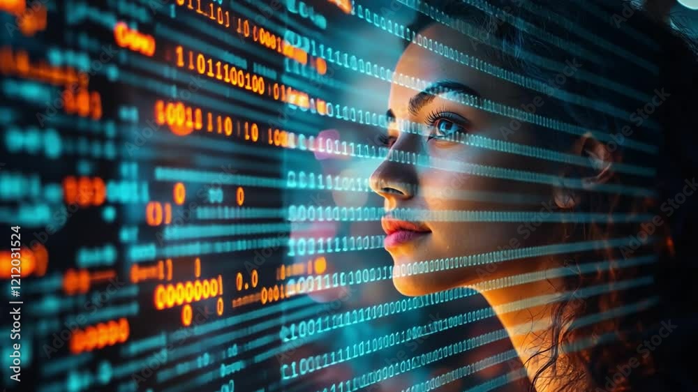 Woman in Data Stream: A woman's profile, bathed in the ethereal glow of digital code, gazes intently into the future, suggesting both the beauty and potential of technology. Woman in Data Stream: A woman's profile, bathed in the ethereal glow of digital code, gazes intently into the future, suggesting both the beauty and potential of technology.
