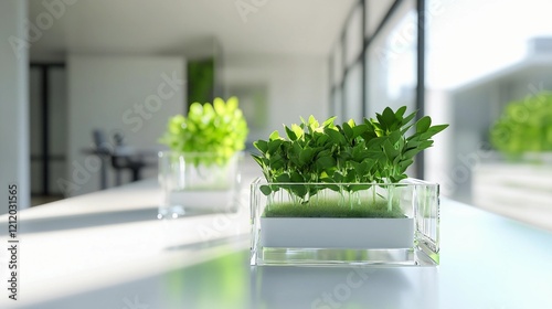 modern laboratory table with clean white surfaces, vibrant green plants in glass containers, bright natural light, minimalist aesthetic