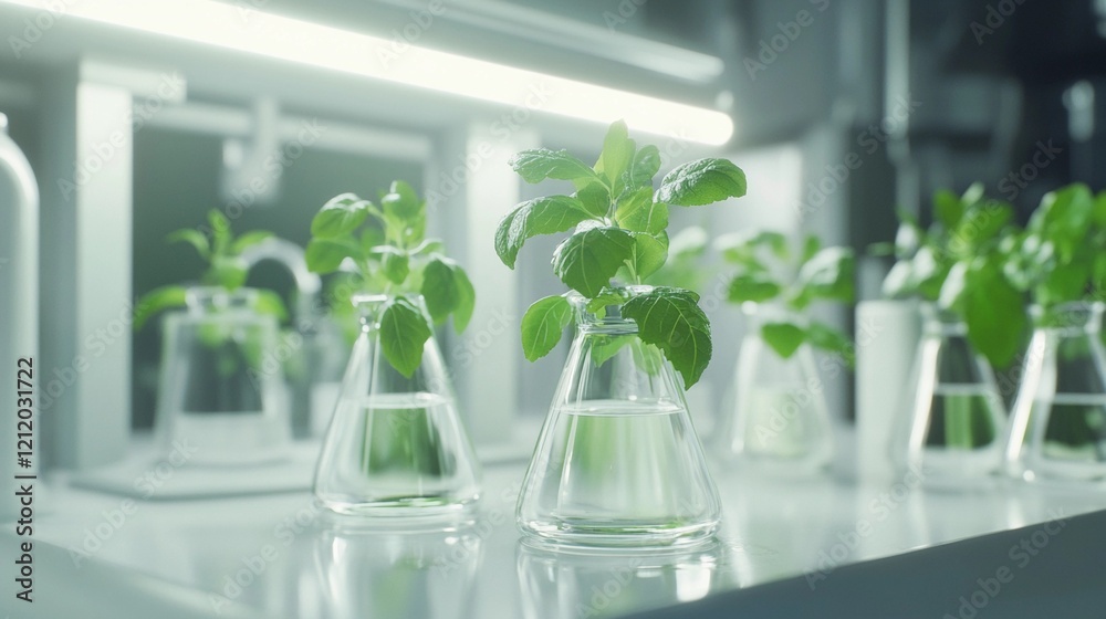 sterile white laboratory setup, vivid green plants in transparent beakers, bright lighting, eco-friendly science concept, harmonious blend of nature and technology