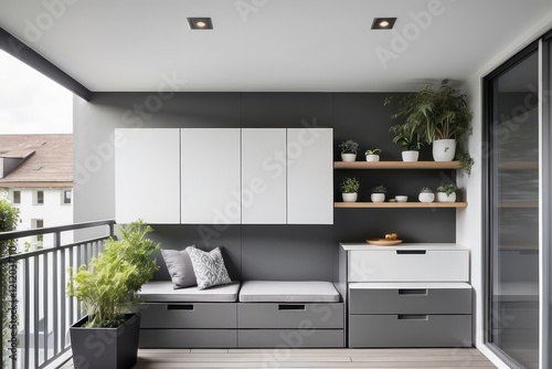 Modern Grey And White Balcony Design With Overhead Wall Storage Unit