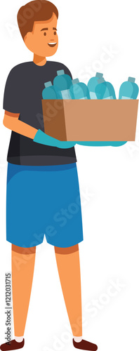 Young volunteer wearing gloves collecting plastic bottles for recycling in cardboard box