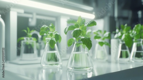 Obraz na płótnie sterile white laboratory setup, vivid green plants in transparent beakers, bright lighting, eco-friendly science concept, harmonious blend of nature and technology w salonie