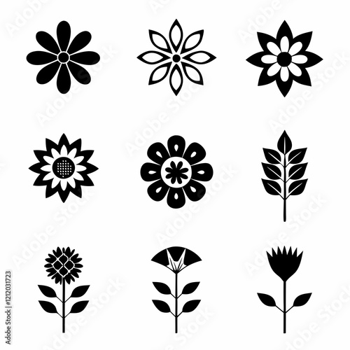 set of black and white flowers, Black and white floral icons, minimalist flower silhouettes, botanical illustrations, graphic design elements, stylized plant shapes, vector flower symbols, lotus, sunf photo