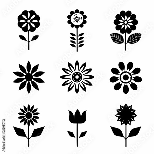 set of black and white flowers, Black and white floral icons, minimalist flower silhouettes, botanical illustrations, graphic design elements, stylized plant shapes, vector flower symbols, lotus, sunf photo