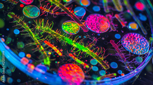 Colorful Microbial Colonies in Petri Dish Under UV Light photo