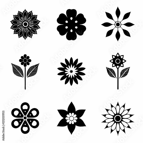 set of black and white flowers, Black and white floral icons, minimalist flower silhouettes, botanical illustrations, graphic design elements, stylized plant shapes, vector flower symbols, lotus, sunf photo