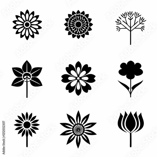 set of black and white flowers, Black and white floral icons, minimalist flower silhouettes, botanical illustrations, graphic design elements, stylized plant shapes, vector flower symbols, lotus, sunf photo