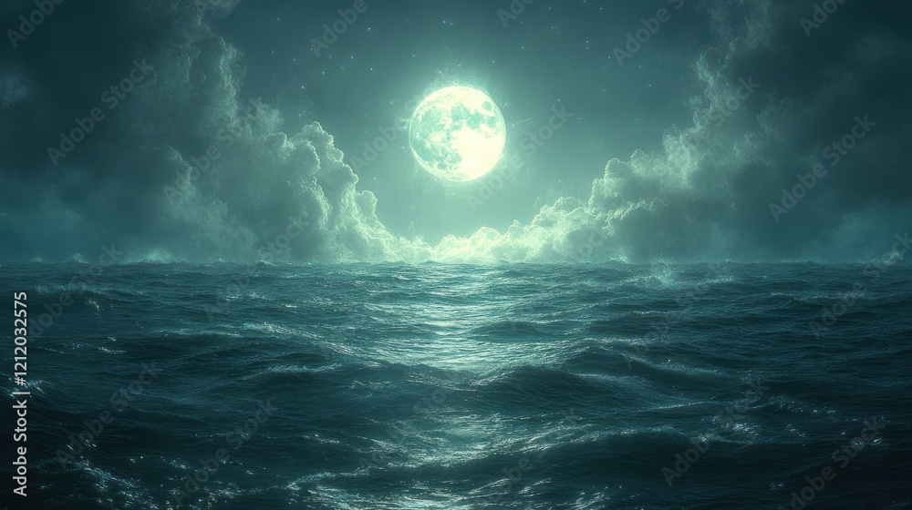 Serene night ocean scene with a luminous full moon illuminating the waves under a starry sky Serene night ocean scene with a luminous full moon illuminating the waves under a starry sky