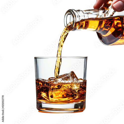 Pouring Smooth Beverage into Glass with Ice Isolated on transparent background