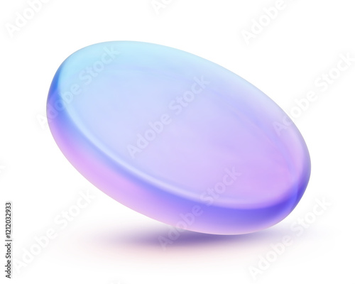 3d iridescent hologram disk, coin, podium, pedestal. Render figure with purple, pink, blue colors. Vector illustration isolated on white for design projects, product display, presentation, adv