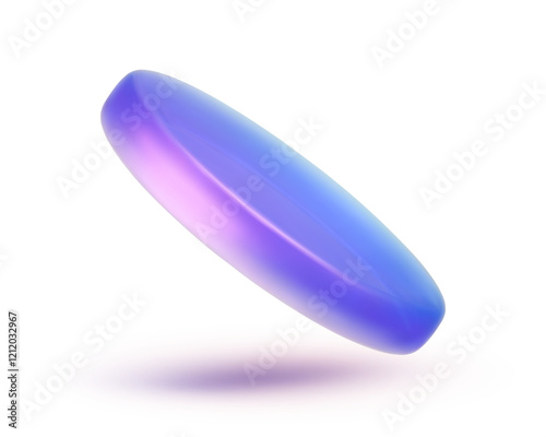 3d iridescent hologram disk, coin, podium, pedestal. Render figure with purple, pink, blue colors. Vector illustration isolated on white for design projects, product display, presentation, adv