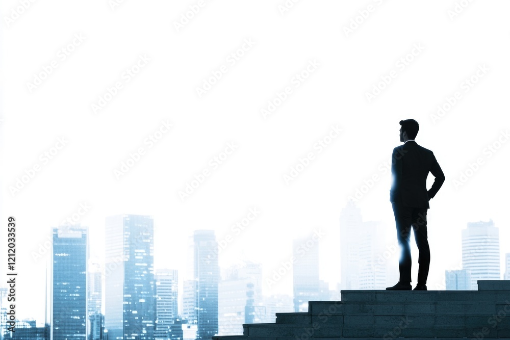 A person standing on the top step of a staircase, overlooking a bustling city landscape A person standing on the top step of a staircase, overlooking a bustling city landscape