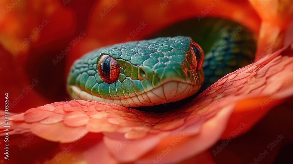 Fototapeta premium Green snake hiding in red flower, jungle background, nature poster