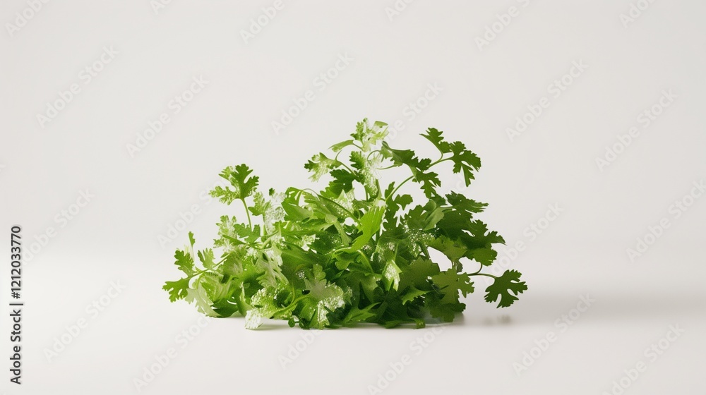 A dewy bunch of fresh cilantro placed on a white background. A dewy bunch of fresh cilantro placed on a white background.