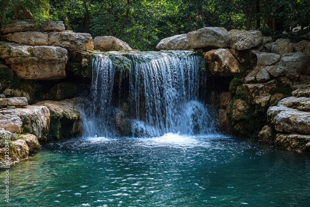Obraz premium A small waterfall in the middle of a river, suitable for travel or nature-themed projects
