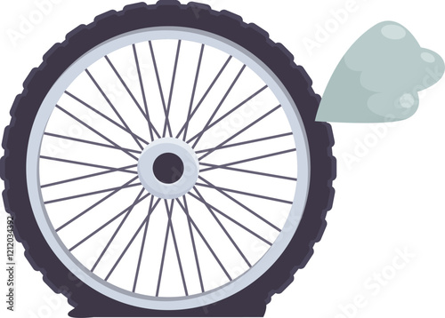 Bicycle wheel with flat tire is rapidly losing air, creating a smoke cloud, indicating urgent repair