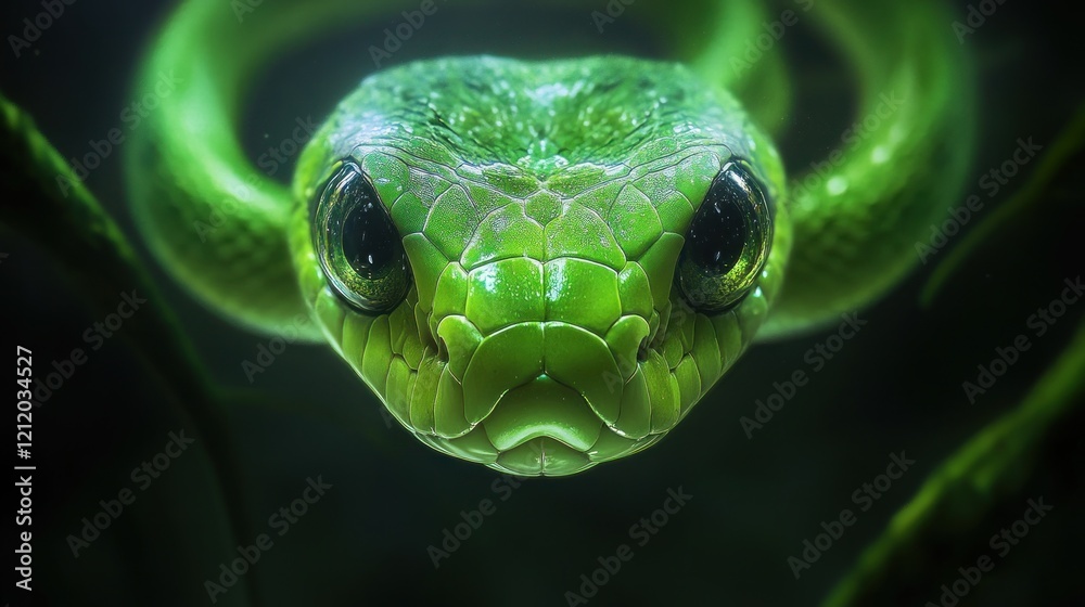 Fototapeta premium Green snake portrait, jungle night, close-up, wildlife