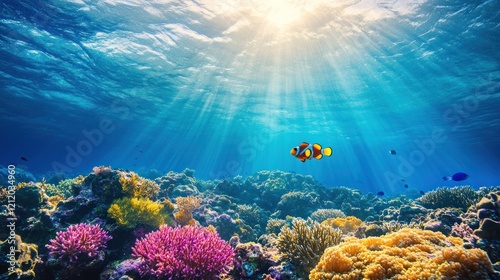 Wallpaper Mural Vibrant coral reef scene with sun rays penetrating the ocean, showcasing colorful corals and fish. Torontodigital.ca