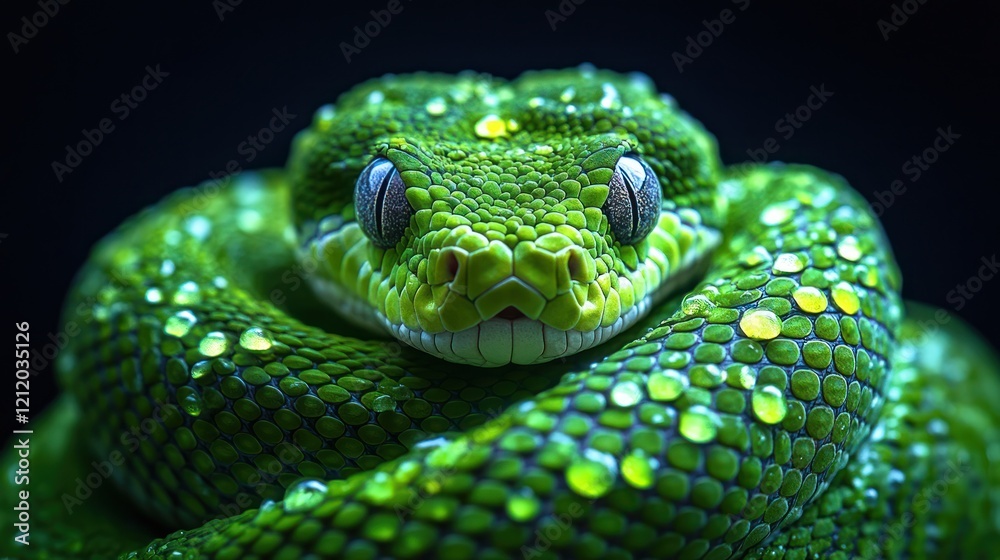 Fototapeta premium Green snake portrait, studio, dark background, reptile