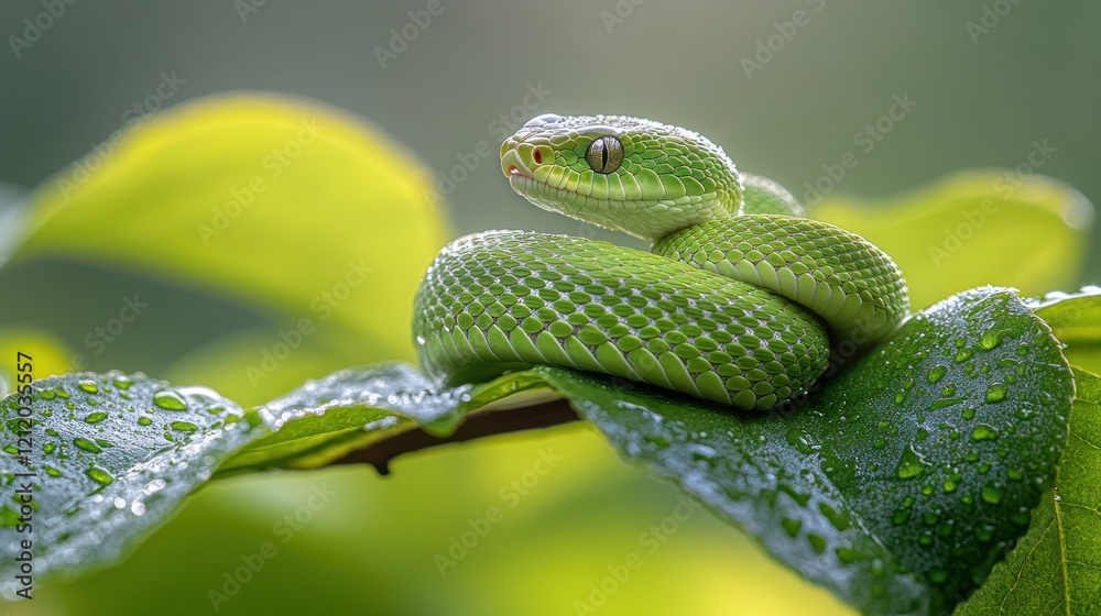 Fototapeta premium Green viper coiled on dew-kissed leaves, jungle