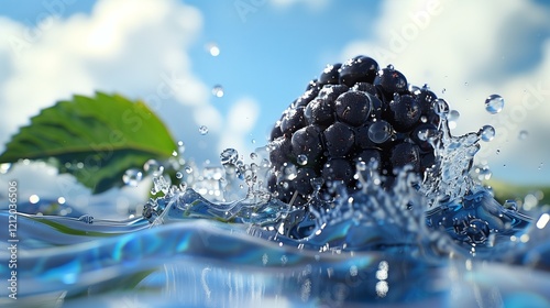 Wallpaper Mural A juicy blackberry slice splashing into water with droplets, surrounded by a blue sky. Torontodigital.ca