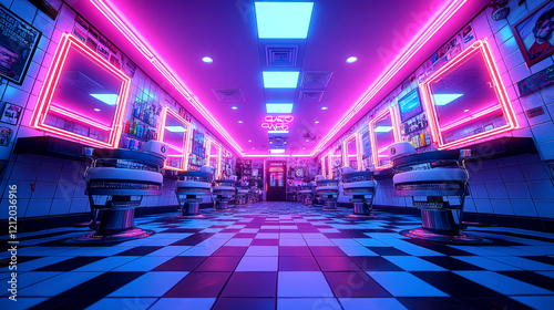 Wallpaper Mural Neon Barbershop: Retrofuturistic Interior Design, Synthwave Vibes Torontodigital.ca