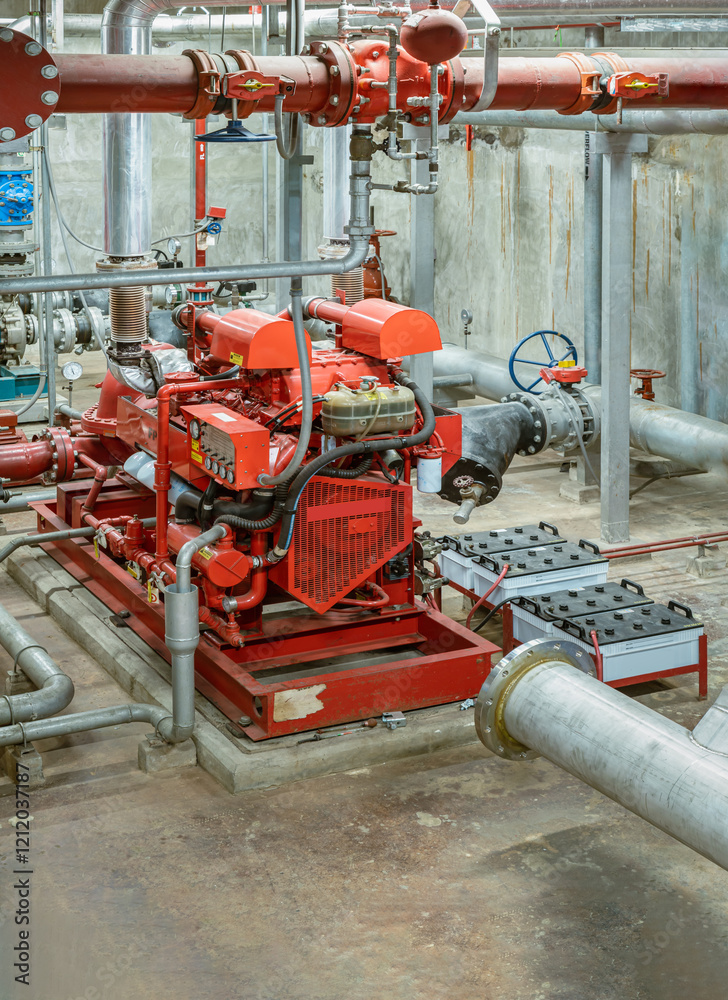 Fire protection system of Condominium. Red generator pump for water sprinkler piping and Fire alarm control system, Electric fire pump and Diesel fire pump for Fire fighting system, Space for text.
