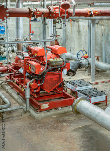 Obraz na płótnie Fire protection system of Condominium. Red generator pump for water sprinkler piping and Fire alarm control system, Electric fire pump and Diesel fire pump for Fire fighting system, Space for text. w salonie