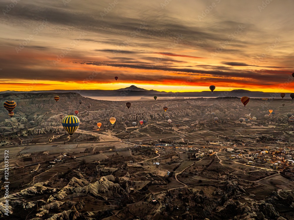 Aerial drone view of numerous hot air balloons floating in the sky above Göreme in Cappadocia
